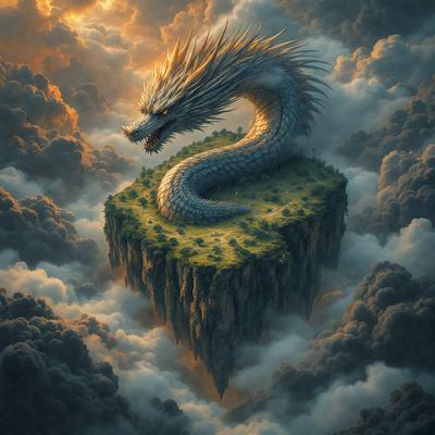 Primary subject: A dragon
Setting/background: A cloudy sky
Visual style: Digital art
Colors and mood: The dragon is green and white, and the overall atmosphere is serene and dramatic.